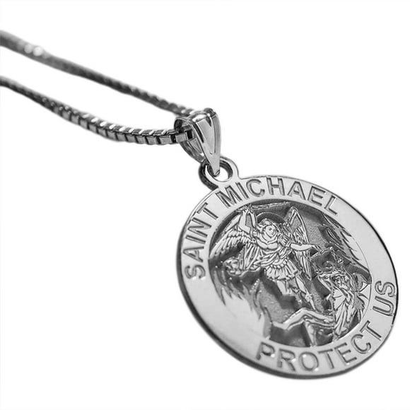 18-Inch Rhodium Plated Necklace with 4mm Sterling Silver Beads and Sterling Silver Saint Uriel the Archangel Charm. 